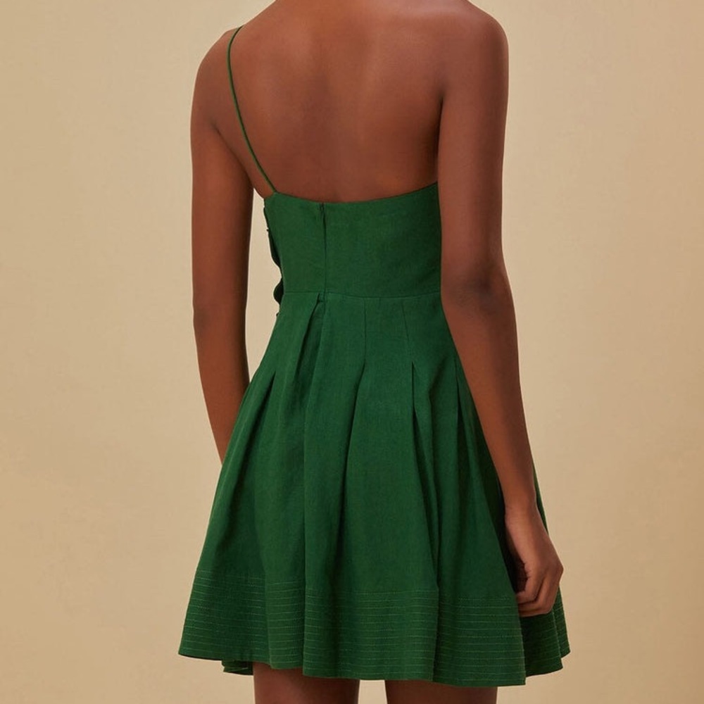 NWT Farm Rio Lea Linen Tropical Vacation Pleated One Shoulder Mini Dress Green - Picture 3 of 15